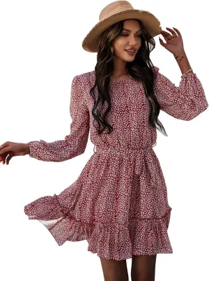 Women's Casual Floral Printed Ruffle Dress Waist Tie Roundneck Long Sleeve A Line Mini Dress