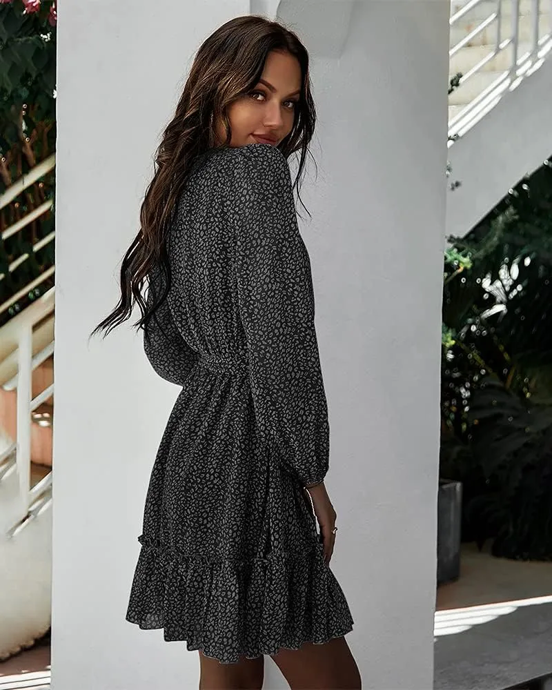 Women's Casual Floral Printed Ruffle Dress Waist Tie Roundneck Long Sleeve A Line Mini Dress