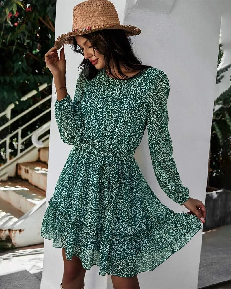 Women's Casual Floral Printed Ruffle Dress Waist Tie Roundneck Long Sleeve A Line Mini Dress