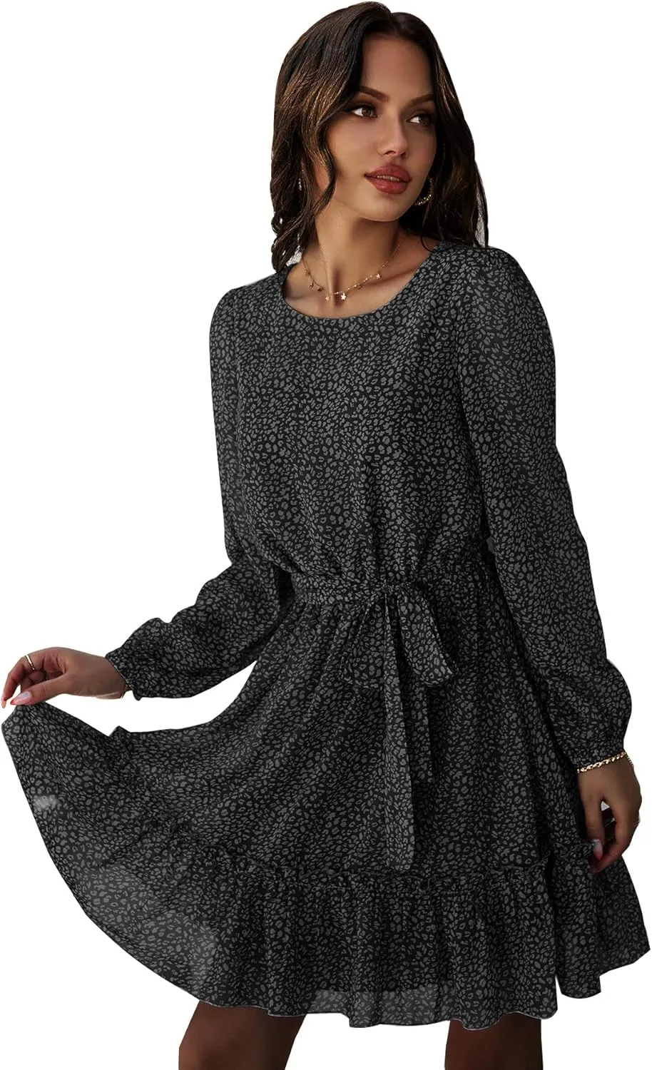 Women's Casual Floral Printed Ruffle Dress Waist Tie Roundneck Long Sleeve A Line Mini Dress