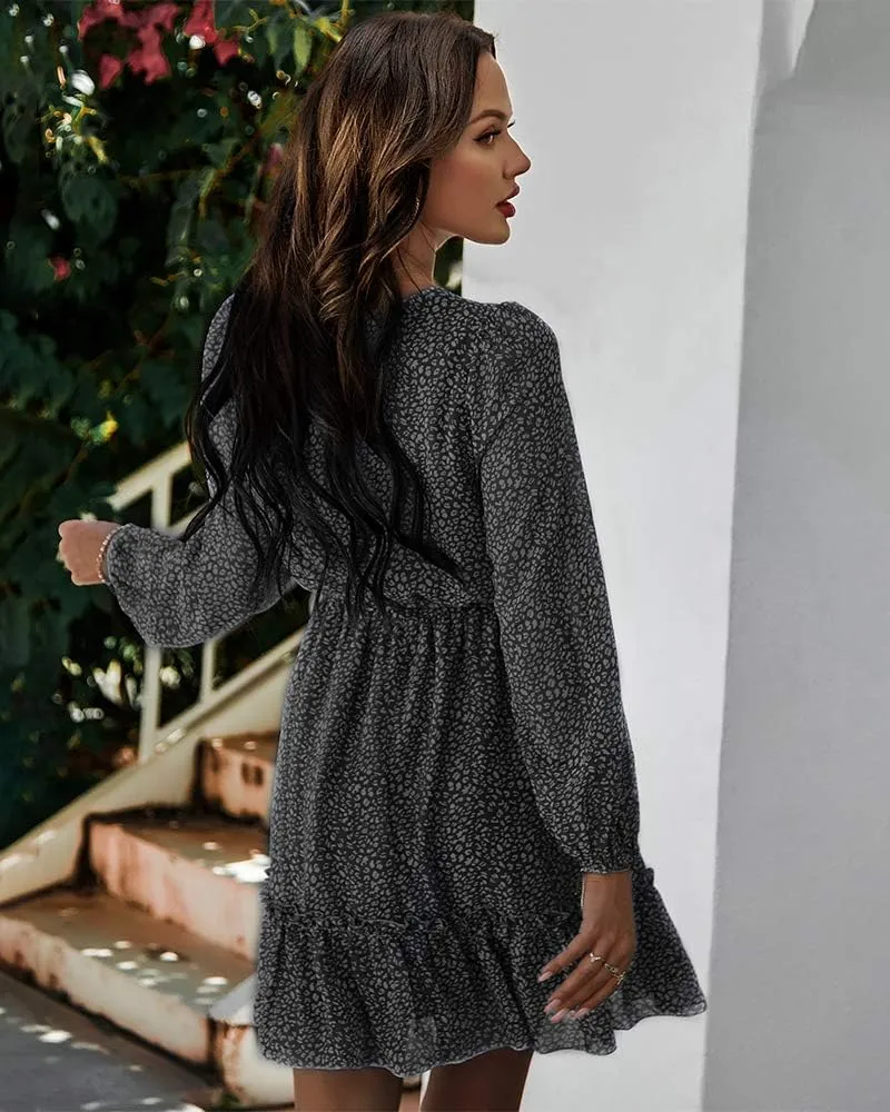 Women's Casual Floral Printed Ruffle Dress Waist Tie Roundneck Long Sleeve A Line Mini Dress