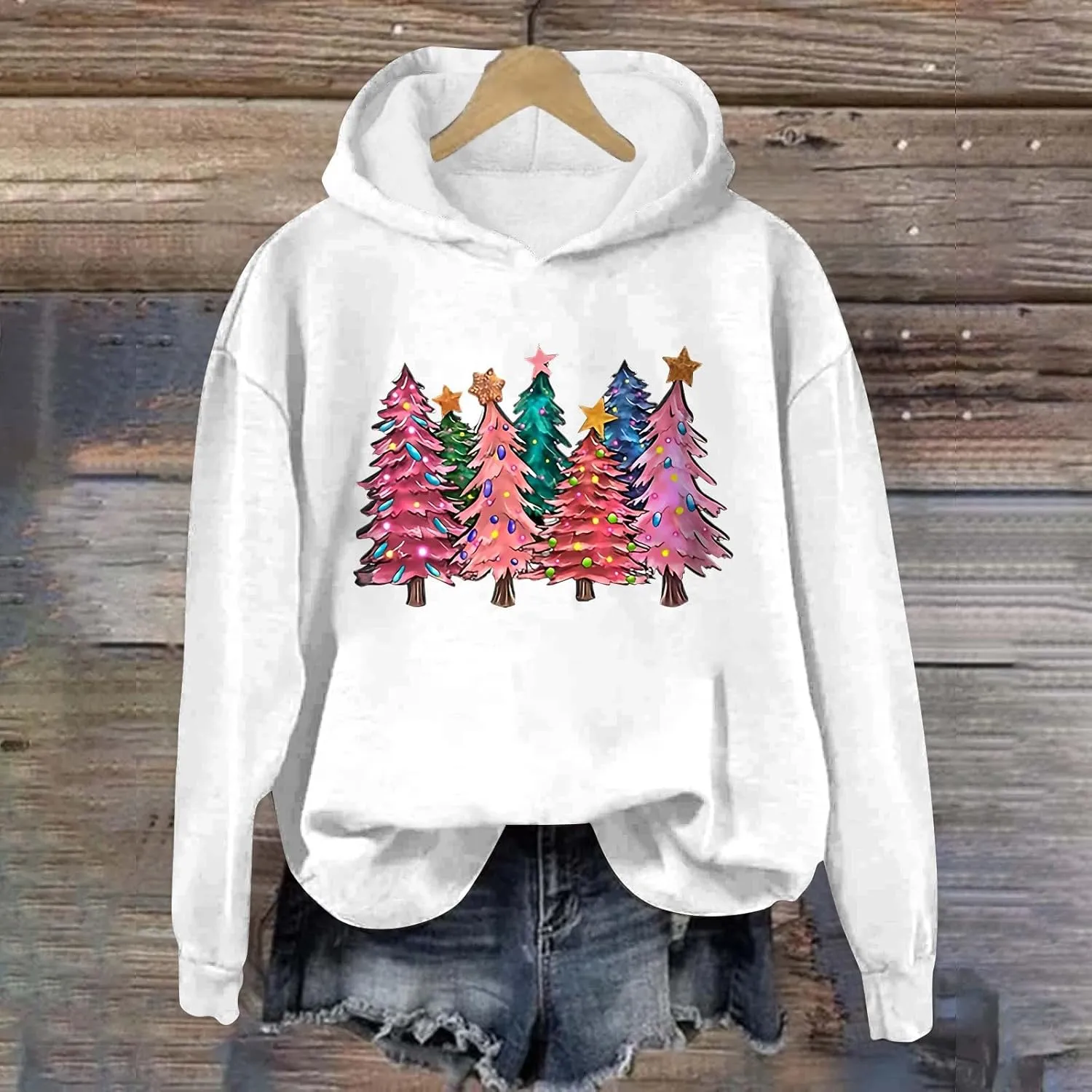 Womens Christmas Hoodies Printed Casual Hoodie Crew Neck Pullover Fun Christmas Shirt Gift Xmas Vacation Graphic
