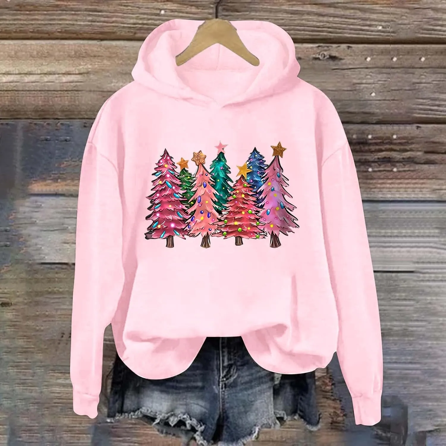 Womens Christmas Hoodies Printed Casual Hoodie Crew Neck Pullover Fun Christmas Shirt Gift Xmas Vacation Graphic