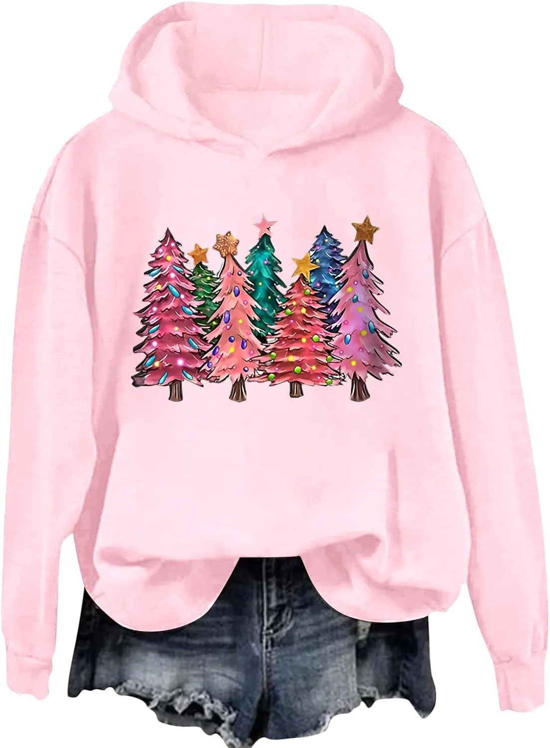 Womens Christmas Hoodies Printed Casual Hoodie Crew Neck Pullover Fun Christmas Shirt Gift Xmas Vacation Graphic