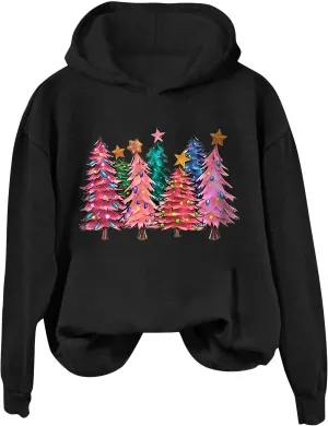 Womens Christmas Hoodies Printed Casual Hoodie Crew Neck Pullover Fun Christmas Shirt Gift Xmas Vacation Graphic