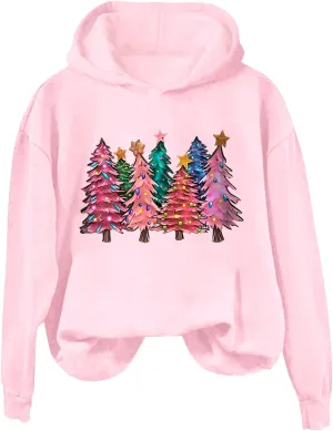 Womens Christmas Hoodies Printed Casual Hoodie Crew Neck Pullover Fun Christmas Shirt Gift Xmas Vacation Graphic