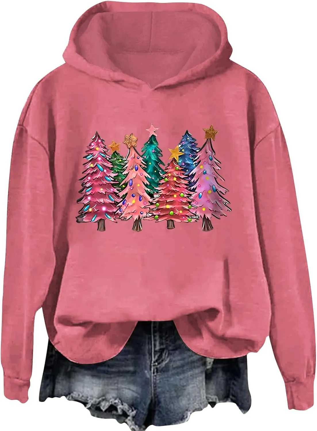 Womens Christmas Hoodies Printed Casual Hoodie Crew Neck Pullover Fun Christmas Shirt Gift Xmas Vacation Graphic