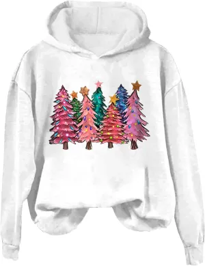 Womens Christmas Hoodies Printed Casual Hoodie Crew Neck Pullover Fun Christmas Shirt Gift Xmas Vacation Graphic