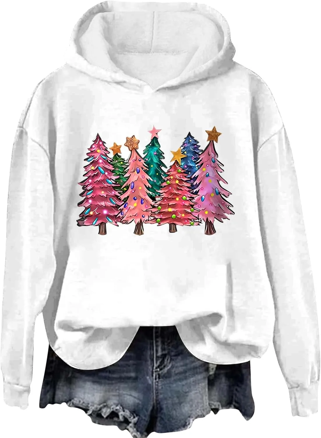 Womens Christmas Hoodies Printed Casual Hoodie Crew Neck Pullover Fun Christmas Shirt Gift Xmas Vacation Graphic