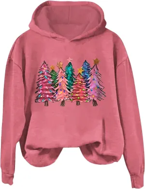 Womens Christmas Hoodies Printed Casual Hoodie Crew Neck Pullover Fun Christmas Shirt Gift Xmas Vacation Graphic