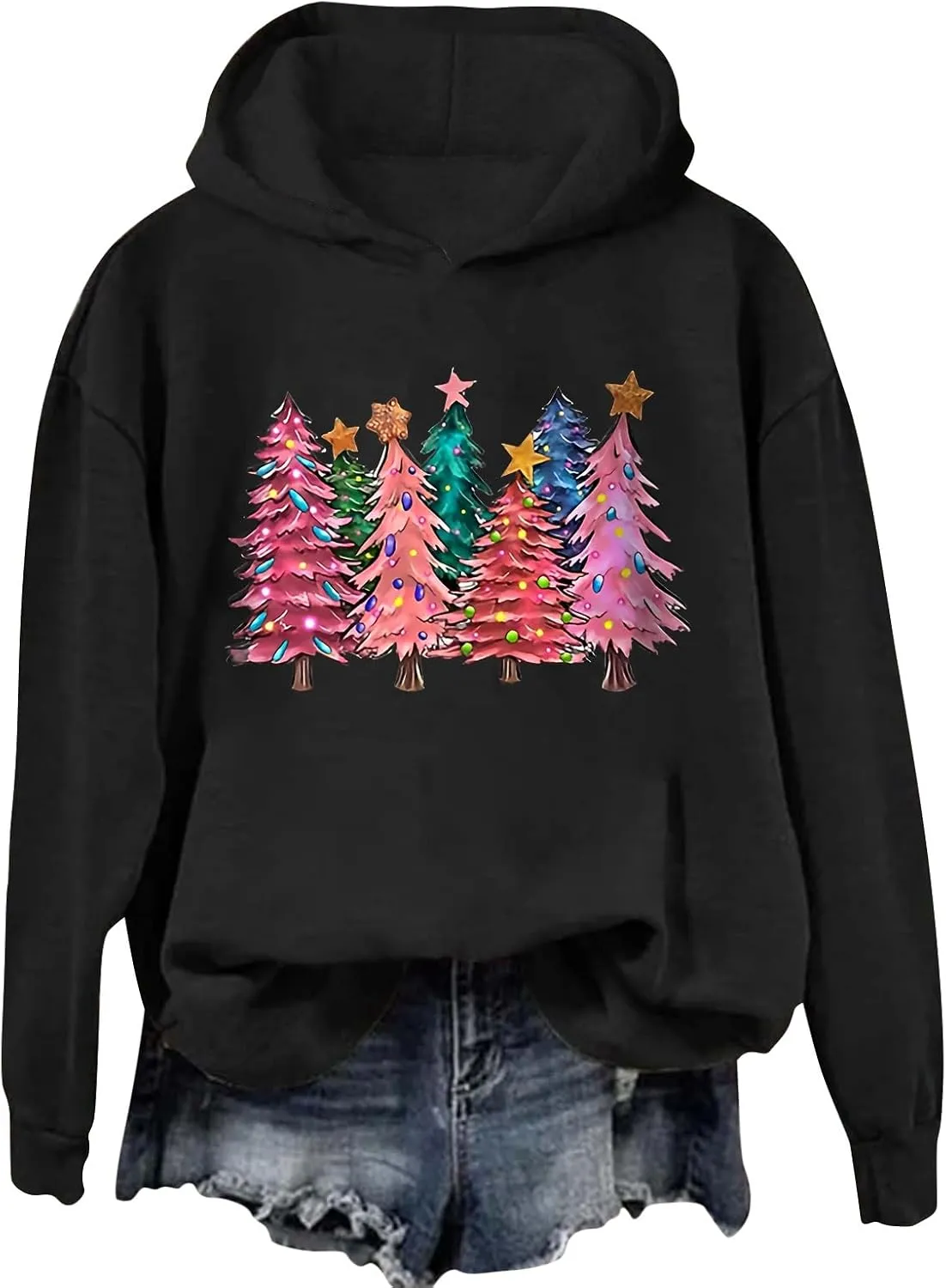 Womens Christmas Hoodies Printed Casual Hoodie Crew Neck Pullover Fun Christmas Shirt Gift Xmas Vacation Graphic