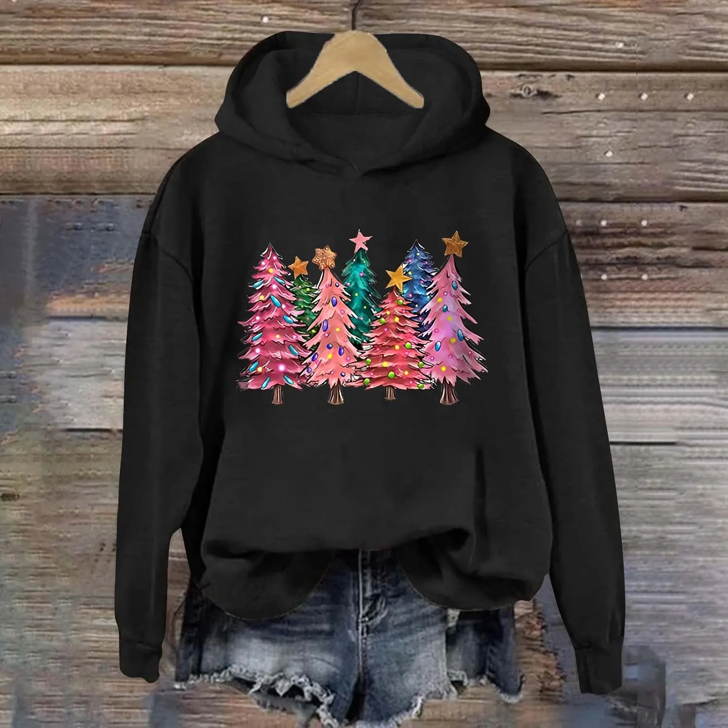 Womens Christmas Hoodies Printed Casual Hoodie Crew Neck Pullover Fun Christmas Shirt Gift Xmas Vacation Graphic