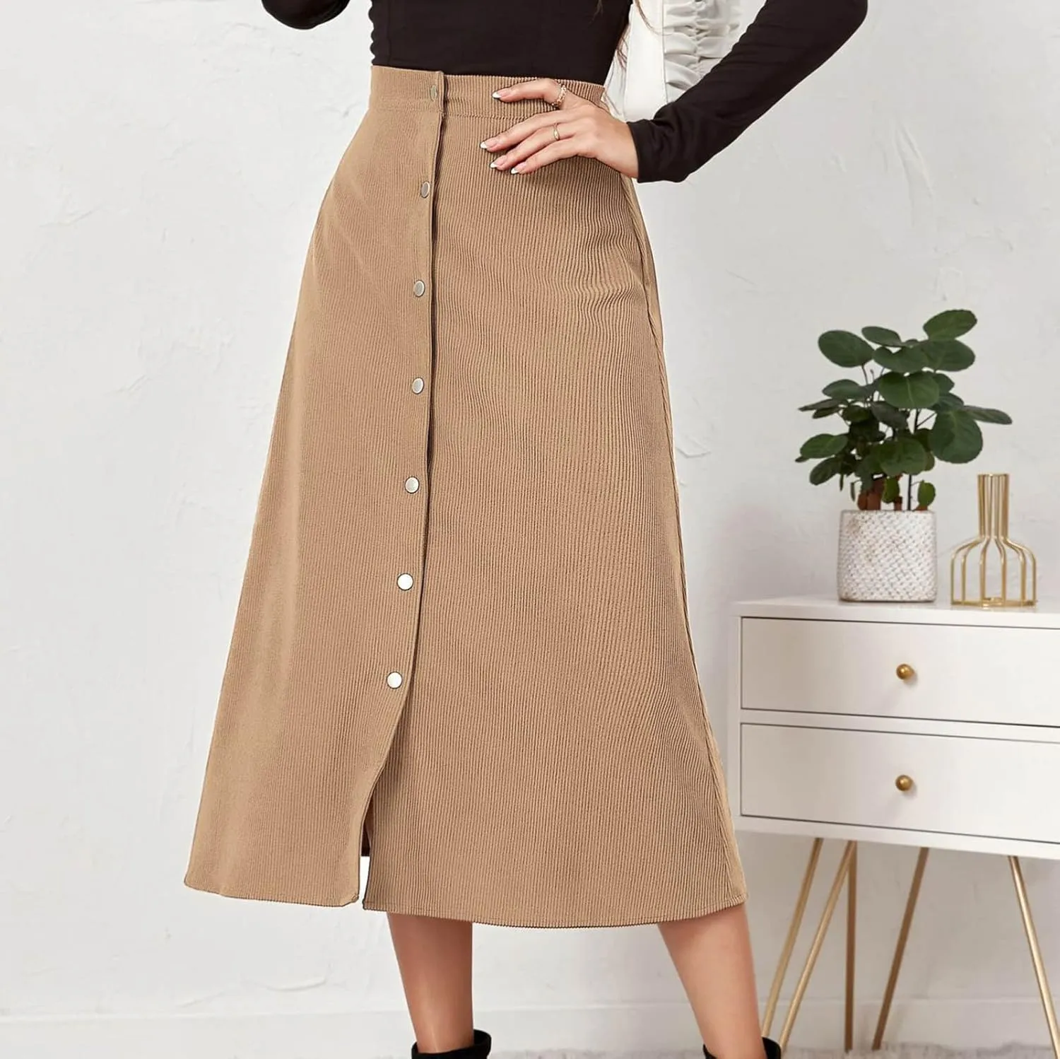 Womens Corduroy Midi Skirts Button Up High Waist A-Line Basic Solid Color Business Casual Slim Fit Winter Skirts