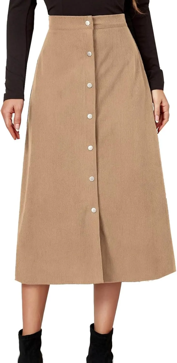 Womens Corduroy Midi Skirts Button Up High Waist A-Line Basic Solid Color Business Casual Slim Fit Winter Skirts