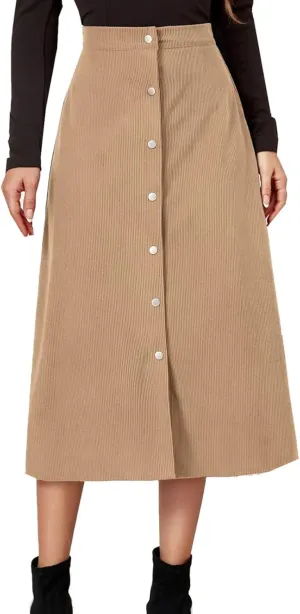 Womens Corduroy Midi Skirts Button Up High Waist A-Line Basic Solid Color Business Casual Slim Fit Winter Skirts