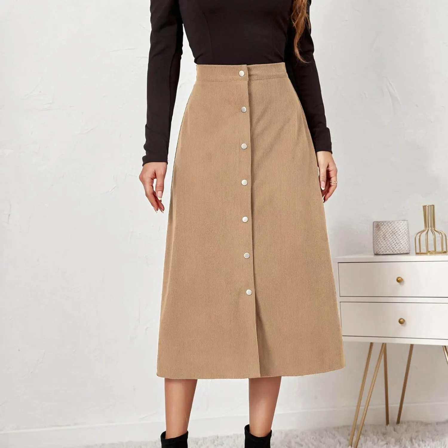 Womens Corduroy Midi Skirts Button Up High Waist A-Line Basic Solid Color Business Casual Slim Fit Winter Skirts