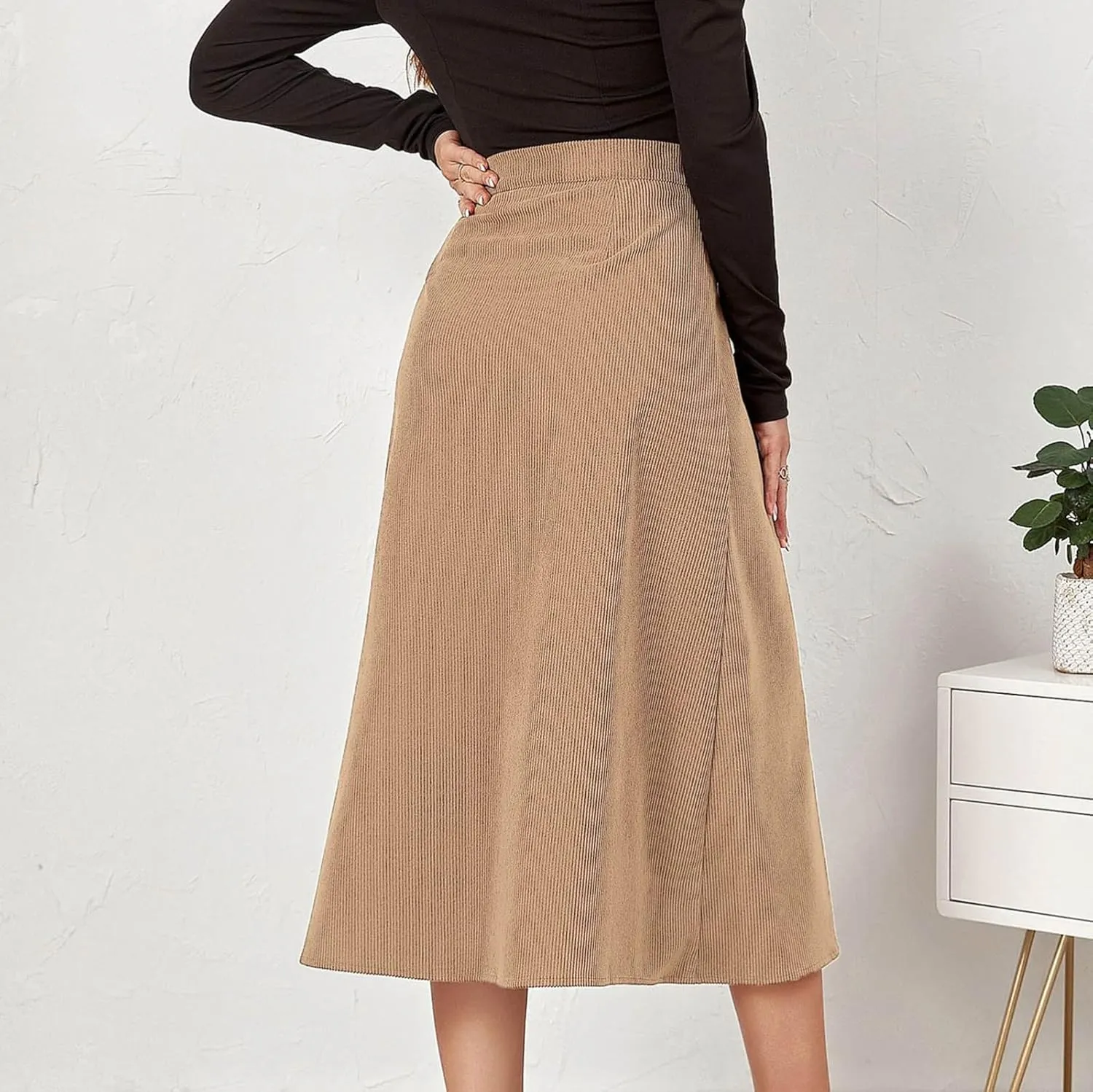 Womens Corduroy Midi Skirts Button Up High Waist A-Line Basic Solid Color Business Casual Slim Fit Winter Skirts