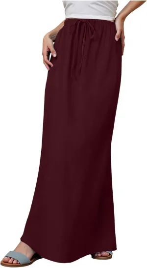 Womens Cotton Linen Maxi Skirts Summer Elastic Waist Drawstring A Line Long Flared Vacation Boho Flowy Beach Skirt