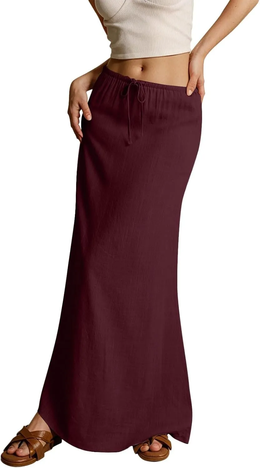 Womens Cotton Linen Maxi Skirts Summer Elastic Waist Drawstring A Line Long Flared Vacation Boho Flowy Beach Skirt