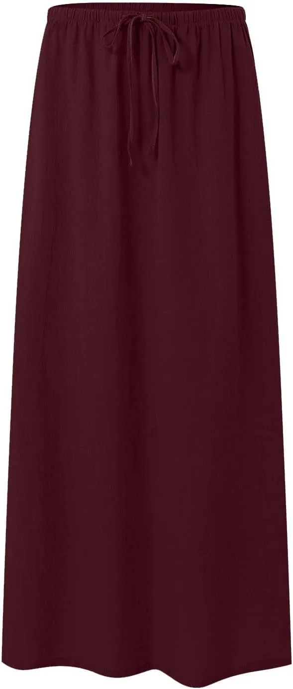 Womens Cotton Linen Maxi Skirts Summer Elastic Waist Drawstring A Line Long Flared Vacation Boho Flowy Beach Skirt