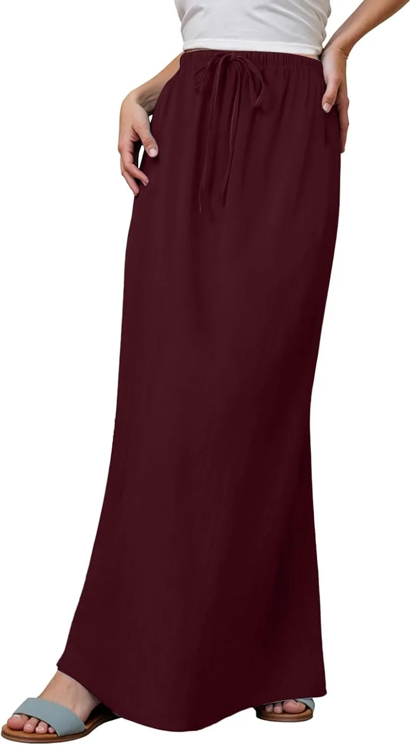 Womens Cotton Linen Maxi Skirts Summer Elastic Waist Drawstring A Line Long Flared Vacation Boho Flowy Beach Skirt