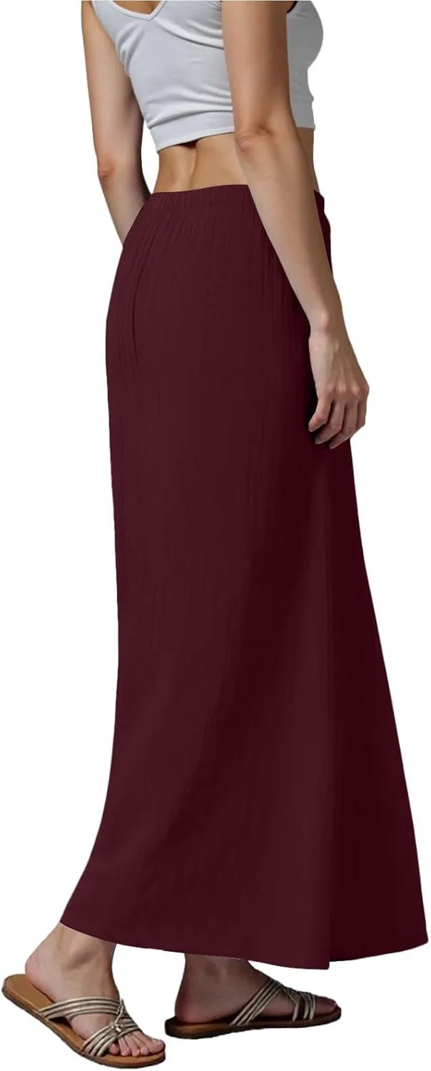Womens Cotton Linen Maxi Skirts Summer Elastic Waist Drawstring A Line Long Flared Vacation Boho Flowy Beach Skirt