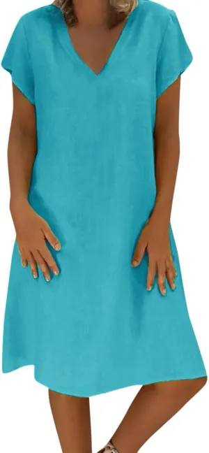 Womens Cotton Linen Sun Dress Short Sleeve V-Neck Beach Dress Solid Color Lightweight Casual Dresses
