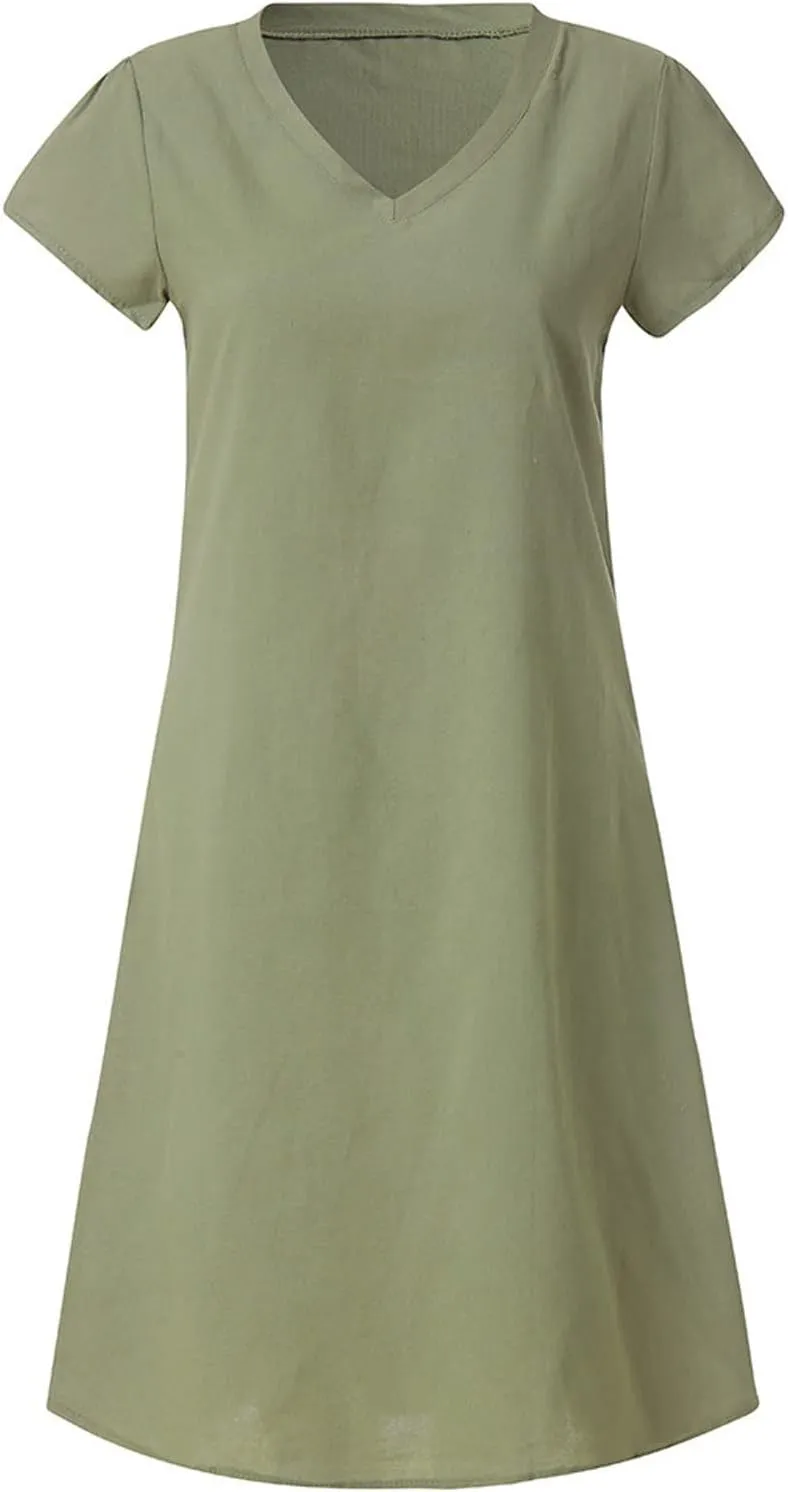 Womens Cotton Linen Sun Dress Short Sleeve V-Neck Beach Dress Solid Color Lightweight Casual Dresses