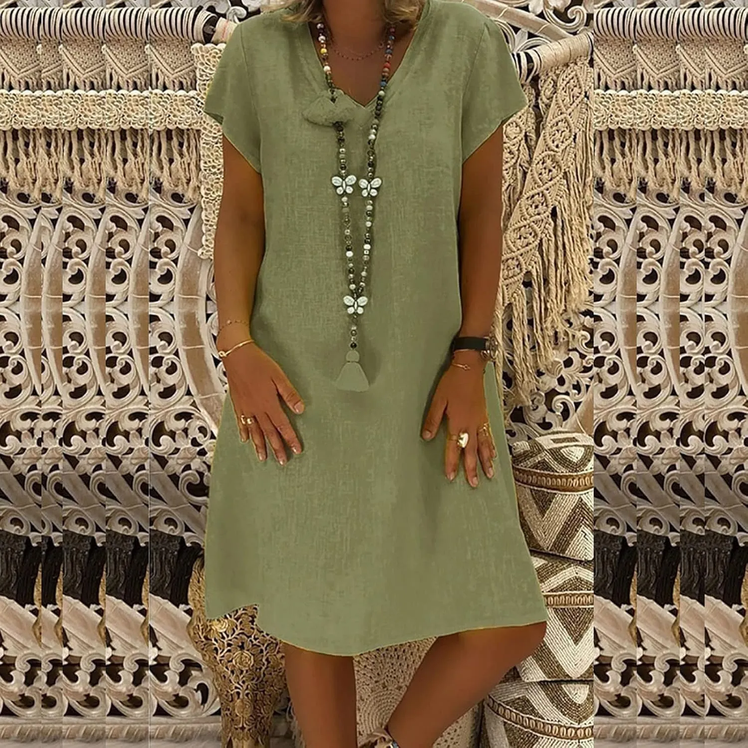 Womens Cotton Linen Sun Dress Short Sleeve V-Neck Beach Dress Solid Color Lightweight Casual Dresses
