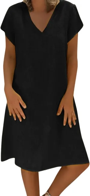 Womens Cotton Linen Sun Dress Short Sleeve V-Neck Beach Dress Solid Color Lightweight Casual Dresses