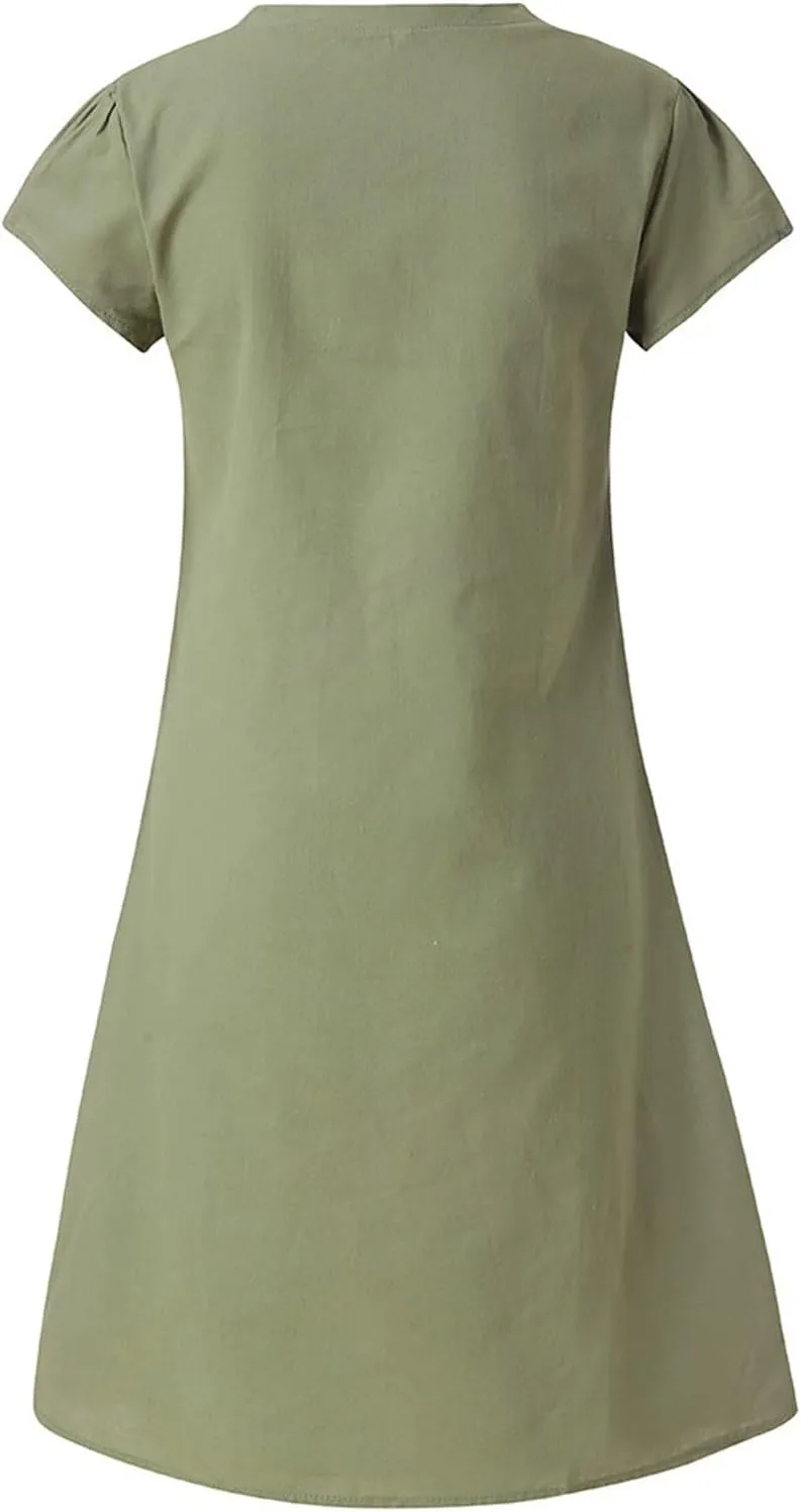 Womens Cotton Linen Sun Dress Short Sleeve V-Neck Beach Dress Solid Color Lightweight Casual Dresses