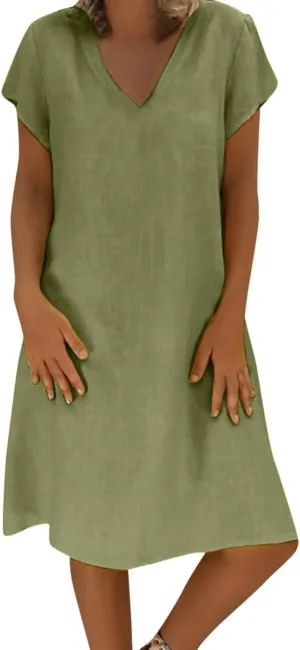 Womens Cotton Linen Sun Dress Short Sleeve V-Neck Beach Dress Solid Color Lightweight Casual Dresses