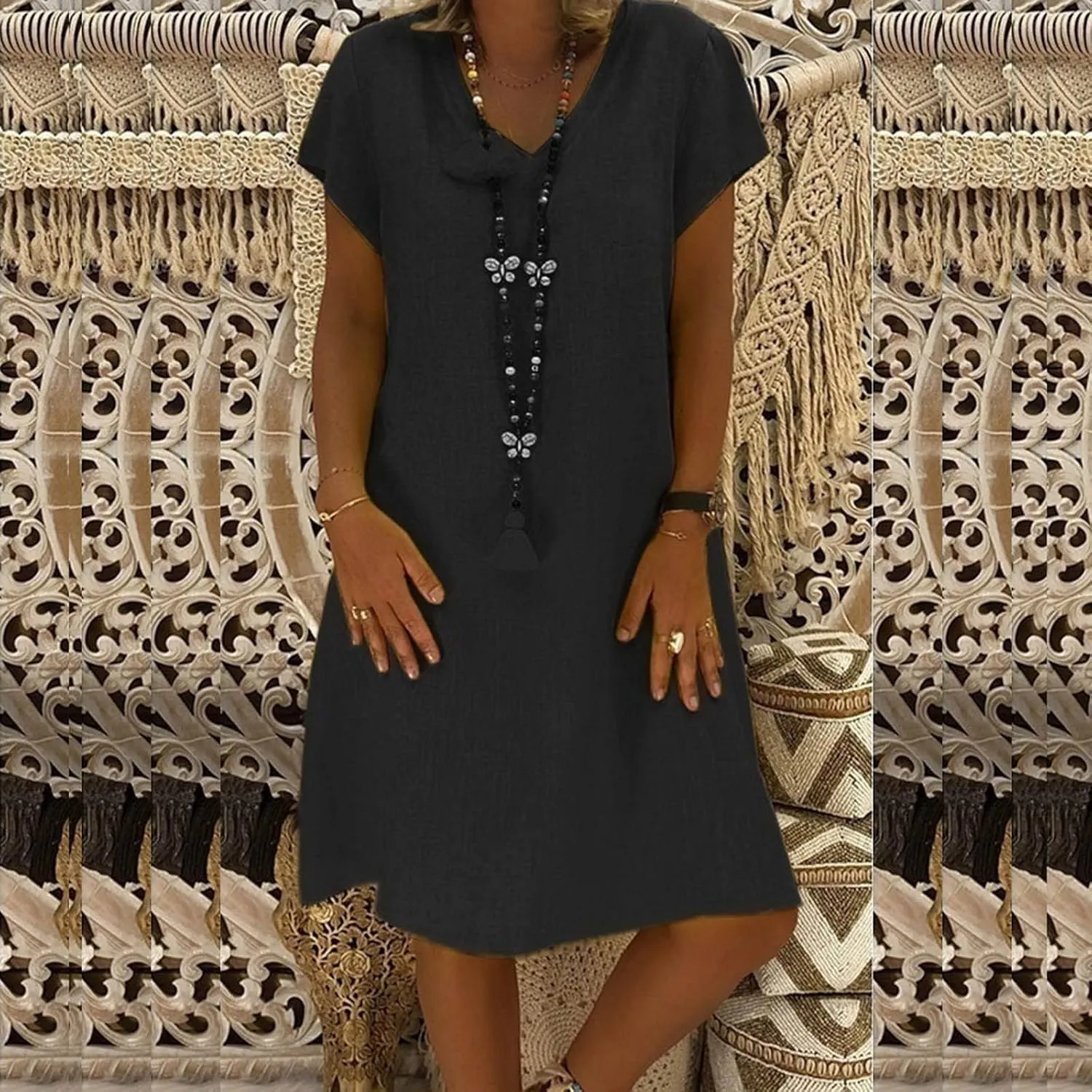 Womens Cotton Linen Sun Dress Short Sleeve V-Neck Beach Dress Solid Color Lightweight Casual Dresses