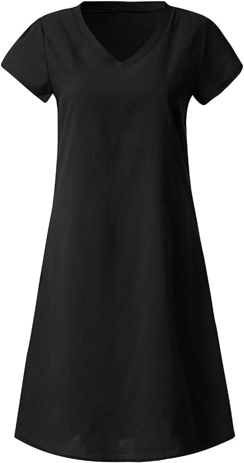 Womens Cotton Linen Sun Dress Short Sleeve V-Neck Beach Dress Solid Color Lightweight Casual Dresses