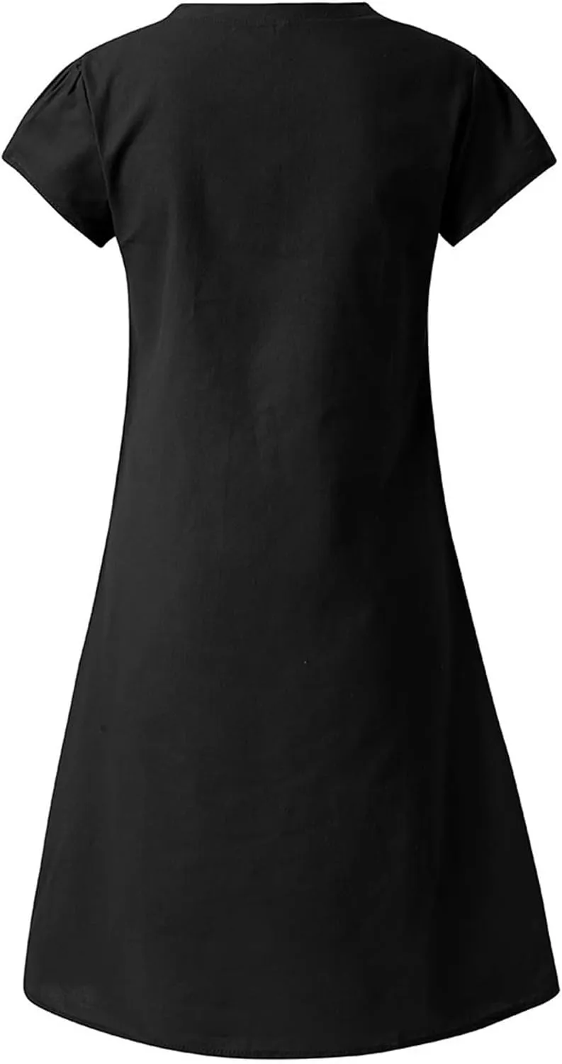 Womens Cotton Linen Sun Dress Short Sleeve V-Neck Beach Dress Solid Color Lightweight Casual Dresses