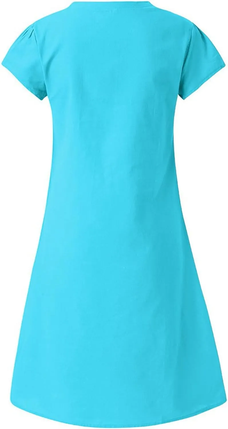 Womens Cotton Linen Sun Dress Short Sleeve V-Neck Beach Dress Solid Color Lightweight Casual Dresses
