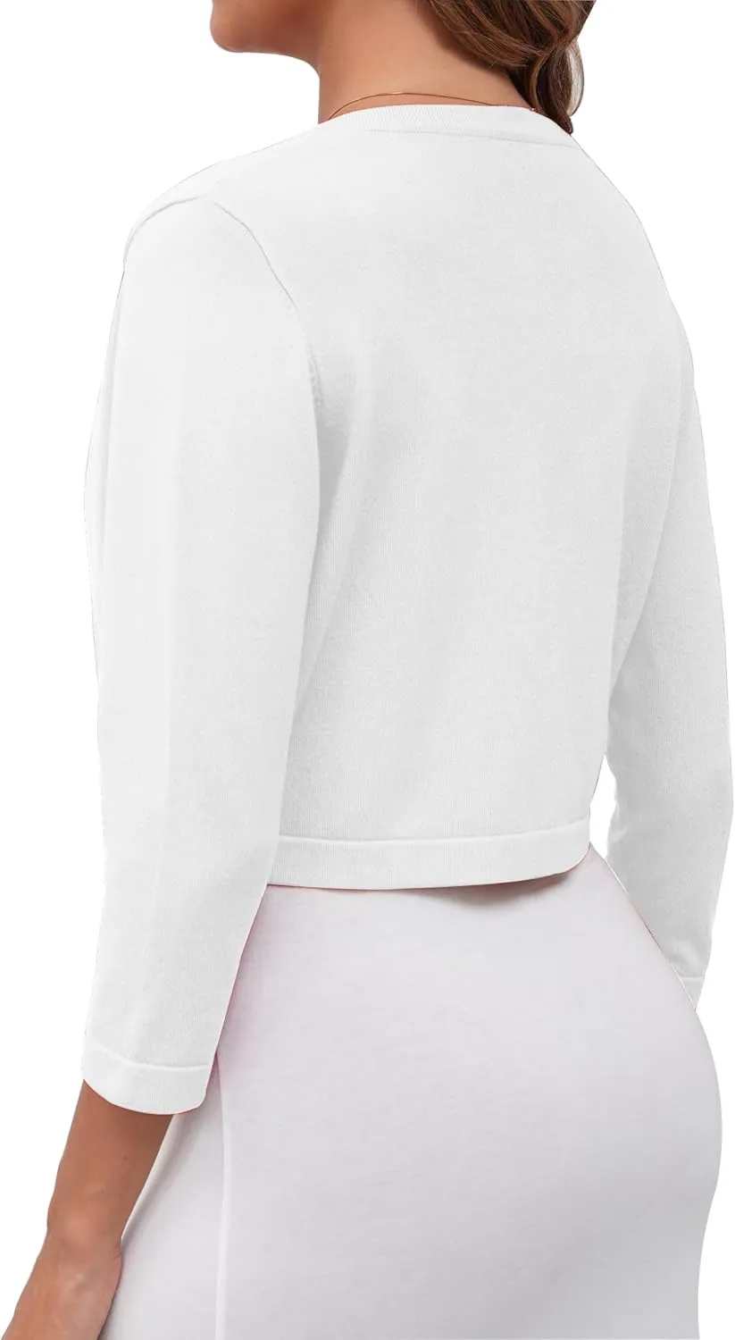 Women's Cropped Cardigans Sweaters 3/4 Sleeve Crewneck Open Front Bolero Shrugs for Women, S-XL