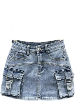 Women's Denim Cargo Skirt with Pocket Patchwork,Loose High-Waisted Wrap Hip,Trendy Summer Style
