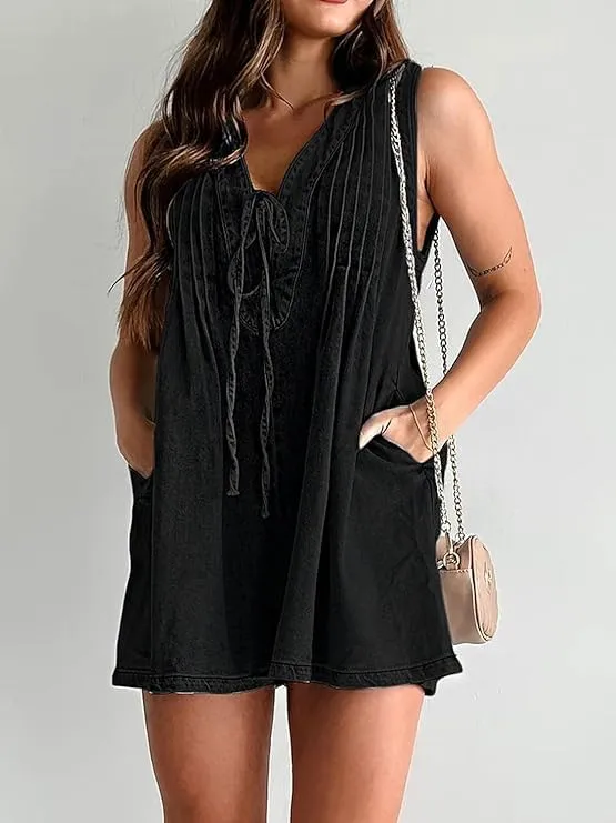 Women's Denim Dress Sleeveless Tie Front Ruffle Jean Dress Casual V Neck Club Party Dress