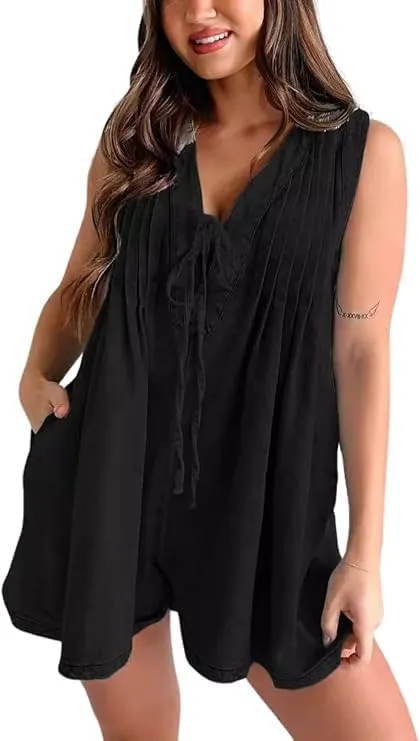 Women's Denim Dress Sleeveless Tie Front Ruffle Jean Dress Casual V Neck Club Party Dress