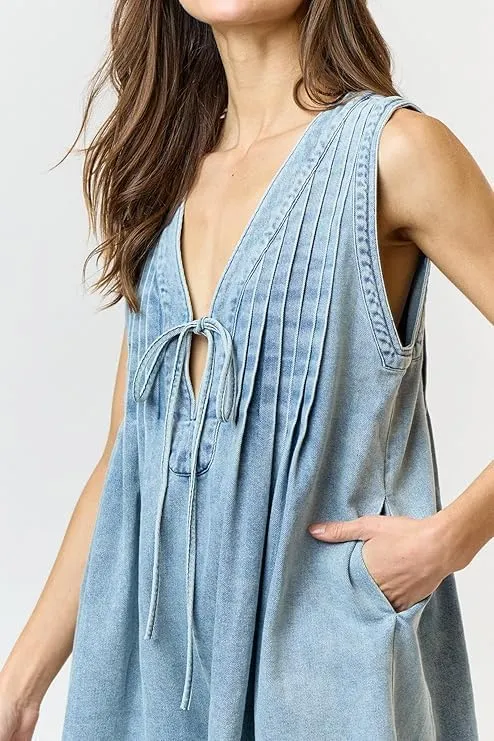 Women's Denim Dress Sleeveless Tie Front Ruffle Jean Dress Casual V Neck Club Party Dress