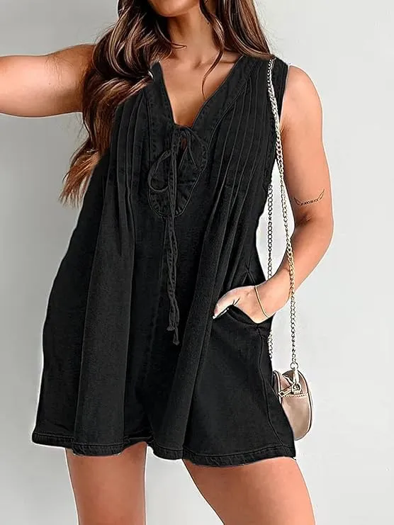 Women's Denim Dress Sleeveless Tie Front Ruffle Jean Dress Casual V Neck Club Party Dress