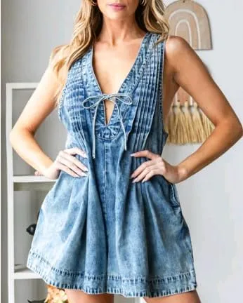 Women's Denim Dress Sleeveless Tie Front Ruffle Jean Dress Casual V Neck Club Party Dress