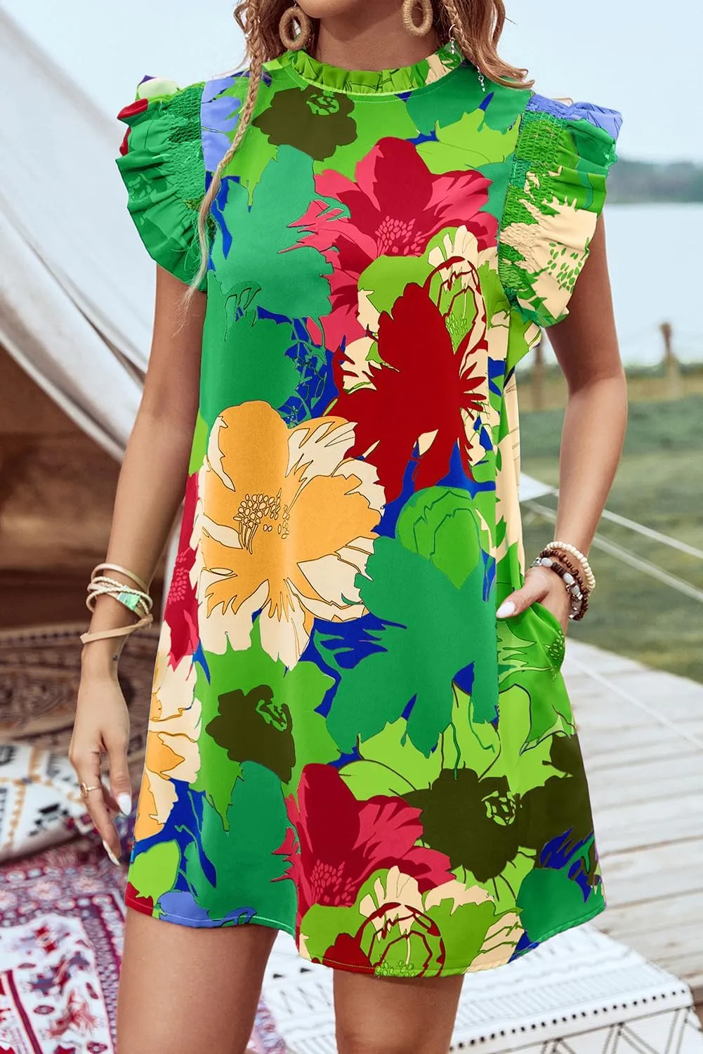 Womens Dress Blue Bold Floral Flutter Sleeve Shift Mini Dress with Pockets
