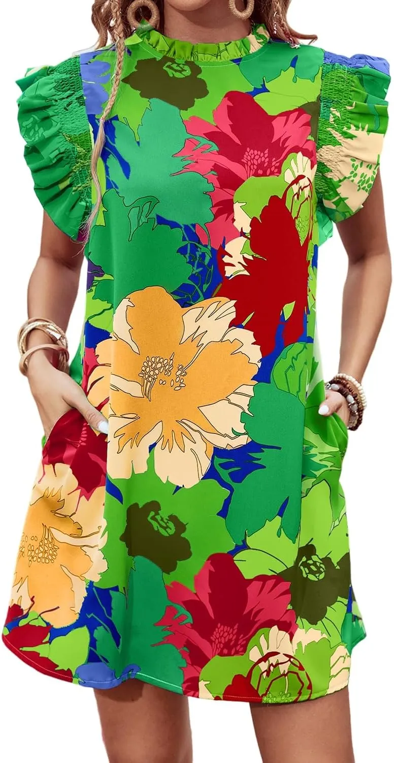 Womens Dress Blue Bold Floral Flutter Sleeve Shift Mini Dress with Pockets