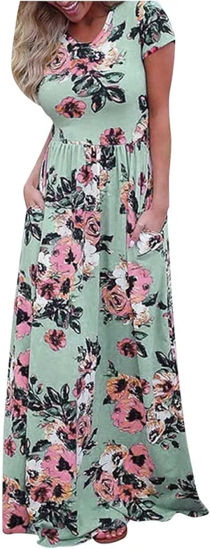 Women's Floral Maxi Long Dress Short Sleeve O Neck Summer Casual Dress with Pocket Holiday Beach Party Sundress Vestidos