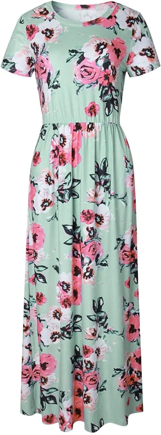 Women's Floral Maxi Long Dress Short Sleeve O Neck Summer Casual Dress with Pocket Holiday Beach Party Sundress Vestidos