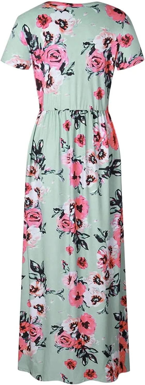 Women's Floral Maxi Long Dress Short Sleeve O Neck Summer Casual Dress with Pocket Holiday Beach Party Sundress Vestidos