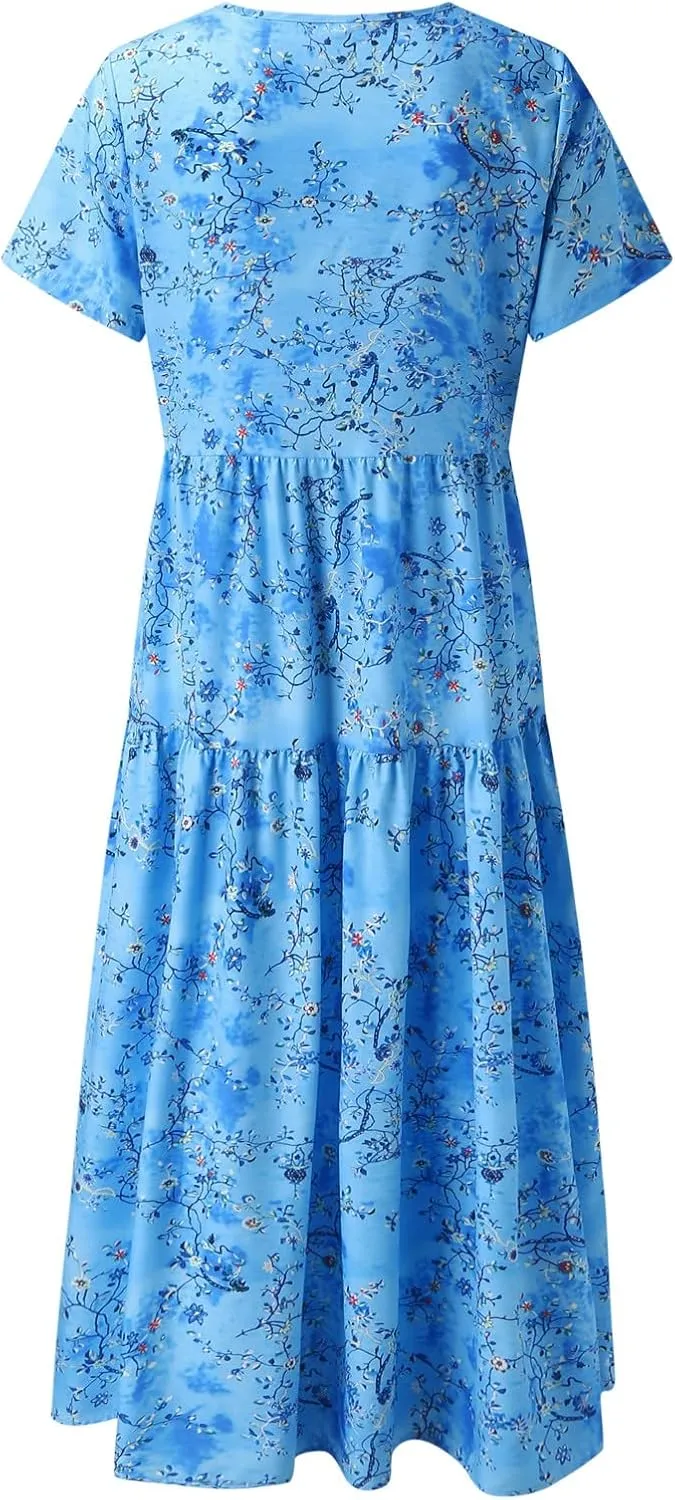 Women's Floral Maxi Long Dress Short Sleeve O Neck Summer Casual Dress with Pocket Holiday Beach Party Sundress Vestidos