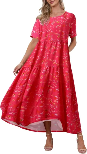 Women's Floral Maxi Long Dress Short Sleeve O Neck Summer Casual Dress with Pocket Holiday Beach Party Sundress Vestidos